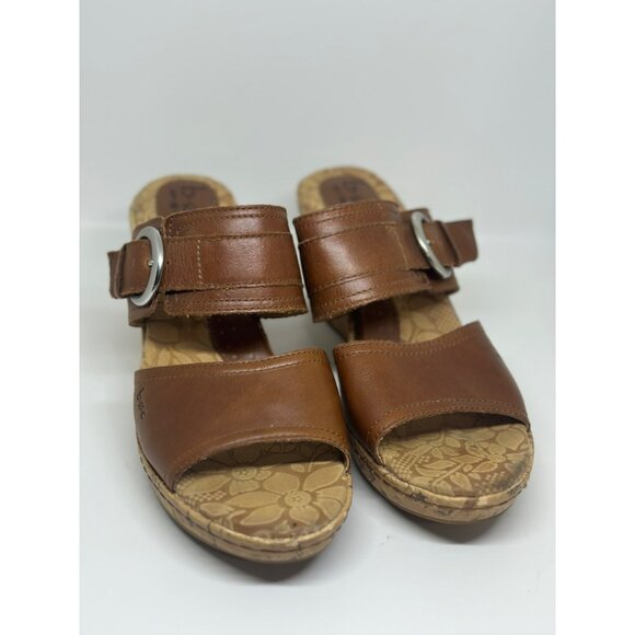 BOC Brown Leather Cork Wedge Sandals Buckle Heels C19023 Women Size 10 - Picture 1 of 10